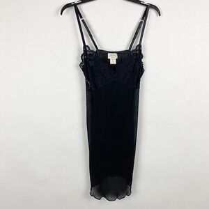 Intimates by Flora Lace Trim Pleated Tie Back Chemise Nightgown Womens L Black
